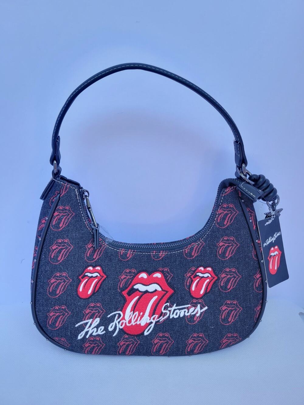 The Rolling Stones Tongue Logo Denim Shoulder Bag Purse Black Red NWT Y2K